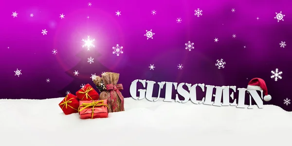 Voucher de Natal Gutschein presentes neve rosa — Fotografia de Stock