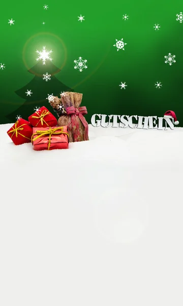 Christmas voucher Gutschein gifts snow green — Stock Photo, Image