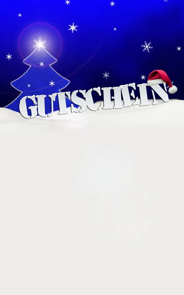 Kerstmis voucher Gutschein boom sneeuw blauw — Stockfoto