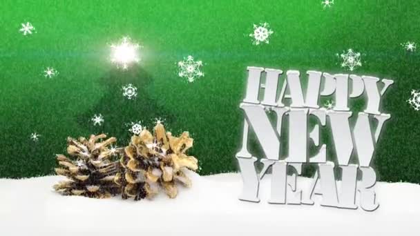 Happy New Year snow vallende pinecone — Stockvideo
