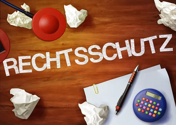 Rechtsschutz desktop memo calculator office think organize — Stock Photo, Image