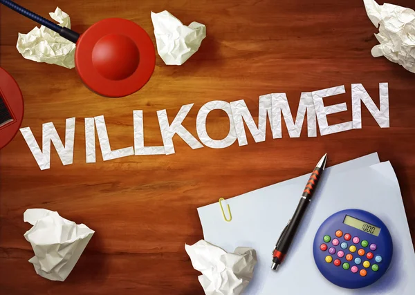 Willkommen bureaublad memo calculator office denk organiseren — Stockfoto