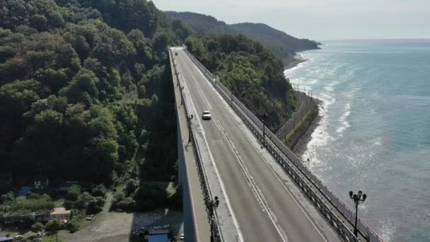 Vista aérea de drone de carros andando ao longo de uma bela estrada costeira. Vista panorâmica da costa ao longo do mar. Voando sobre a ponte como. Sochi, Rússia — Vídeo de Stock