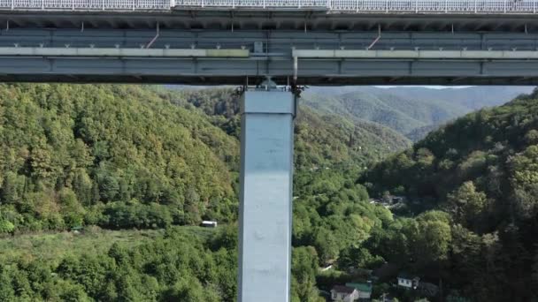 緑の芝生に覆われた美しい丘の間の渓谷の上に立って絵のアーチ橋の空中ビュー。車が橋を渡って移動する。澄んだ空の下でロシアの有名なランドマーク。4K — ストック動画