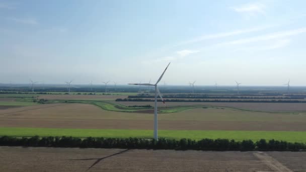 Windturbines die elektriciteit produceren. Windmolen Windmolentechnologie Luchtdronezicht op Energieproductie. Windturbines staan op een bloeiende weide. groen veld. — Stockvideo