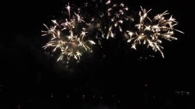 Yeni yıl, doğum günü, düğün ya da diğer kutlamalar için siyah zemin üzerine havai fişeklerin parlak renkli bir parçasının patlaması..