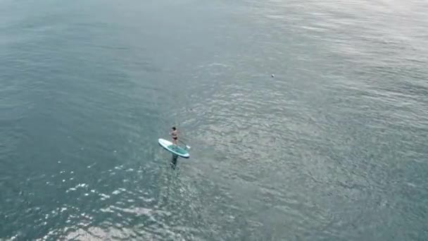 Menina esportiva ativa em pé no SUP inflável e remar, admirando a bela praia. Mulher propelindo-se lentamente através da água usando remo — Vídeo de Stock