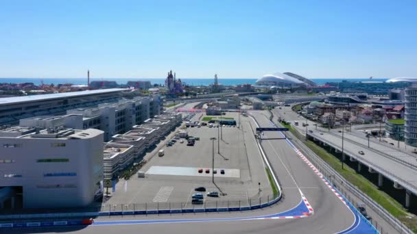 Sochi, Russia - 01 apr 2021: air view of the track and the stand of Sochi Autodrom — стокове відео