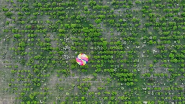 Luchtfotografie van heteluchtballonnen. Bovenaanzicht. Schieten met een drone. De ballon is geel. Prachtig landschap. — Stockvideo
