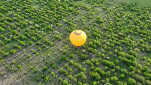 Sıcak hava balonlarının hava fotoğrafları. Tepeden tırnağa. İnsansız hava aracıyla ateş etmek. Balon sarıdır. Güzel manzara. — Stok video
