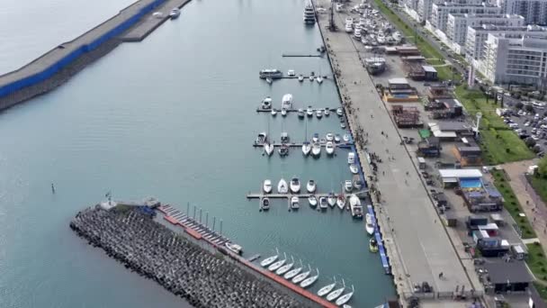 Antenn: Lyxbåtar och yahts står nära stranden i Grand Marina — Stockvideo