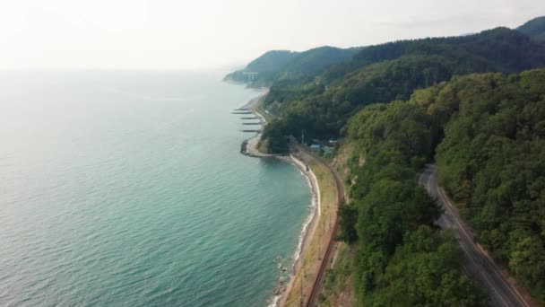 Vue aérienne de la plage tropicale et de l'eau de mer turquoise claire avec de petites vagues et une forêt d'arbres. Voyage concept tropical. Coucher de soleil. Bonsoir. Au-dessus. — Video