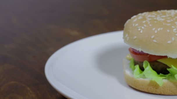 Šťavnaté hovězí hamburger jídlo v sezamové housce s rajčaty a sýrem — Stock video