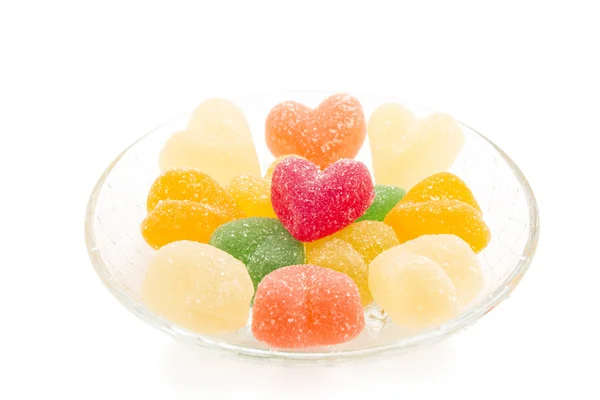 Bir cam tabak renkli reçelli Kalpler