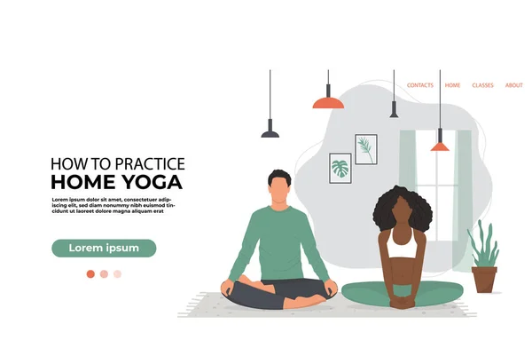 Онлайн-йога-класи, чоловік і африканська жінка сидять у позі лотоса. Банер для онлайн-йоги. Приклад вектора — стоковий вектор