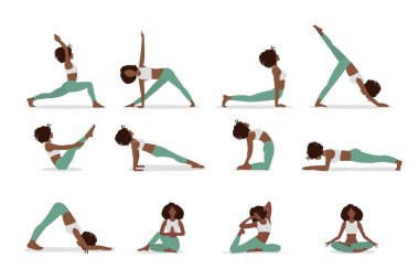 Afro-Amerikan yogası pozları. Beyaz arka planda izole edilmiş kadın çizgi film yoga pozisyonları koleksiyonu. Tüm vücut yogası, 10 birim.
