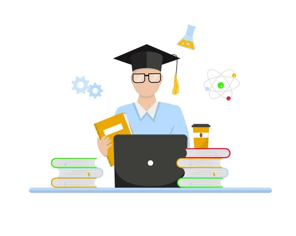 Concepto de educación online. Estudiante estudiando con laptop. Aprender en casa, aprender a distancia. Ilustración vectorial — Archivo Imágenes Vectoriales