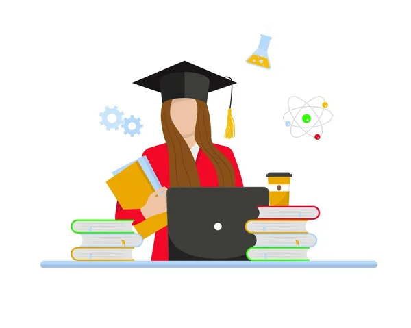 Online education concept. Girl studying with laptop. Learning at home, distance learning. Vector illustration — 스톡 벡터