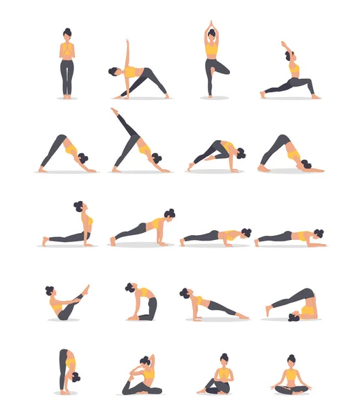 Conjunto de posturas de yoga aisladas sobre el fondo blanco. Ilustración vectorial, eps 10 — Archivo Imágenes Vectoriales