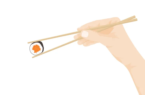 Vector illustration of hand holding chopsticks with sushi roll isolated on white background, eps 10 — Stock Vector