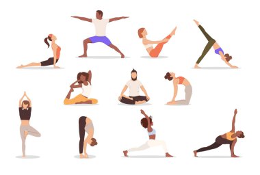 Kadın ve erkek yogası pozları. Beyaz arka planda yoga yapan çok kültürlü insanların toplanması. Vektör illüstrasyonuName