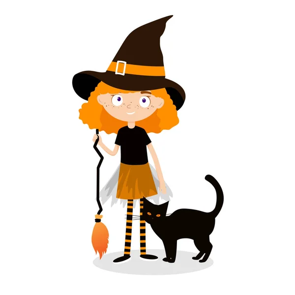 Pequena menina bonito em traje de Halloween com gato preto. Fantasia de bruxa para a festa de Halloween. Ilustração vetorial, eps 10 — Vetor de Stock