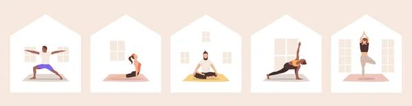 Eine Gruppe multikultureller Menschen, die zu Hause Yoga praktizieren. Vektorillustration — Stockvektor