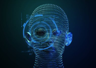 3D resimleme, ai robot kafa biyonik yüz veri internet ağı, derin öğrenme sistemi teknoloji makinesi