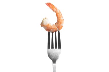 orange food cooked shrimp on the fork, isolated background, dinner breakfast concept