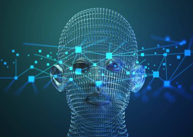 3D resimleme, ai robot kafa biyonik yüz veri internet ağı, derin öğrenme sistemi teknoloji makinesi