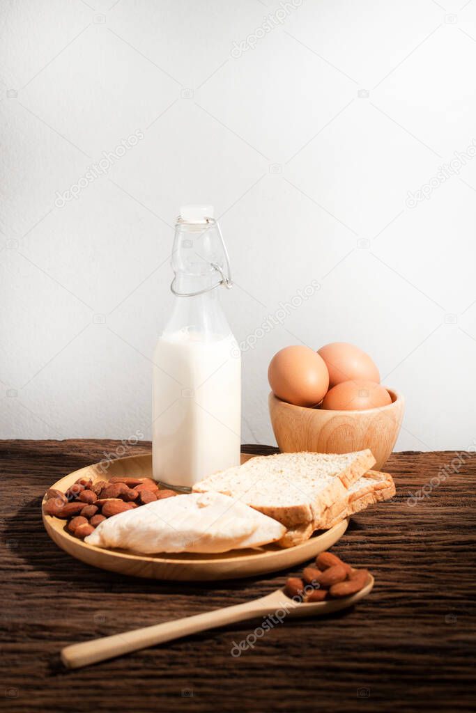healthy and nutrition of milk and egg and almond, diet food 