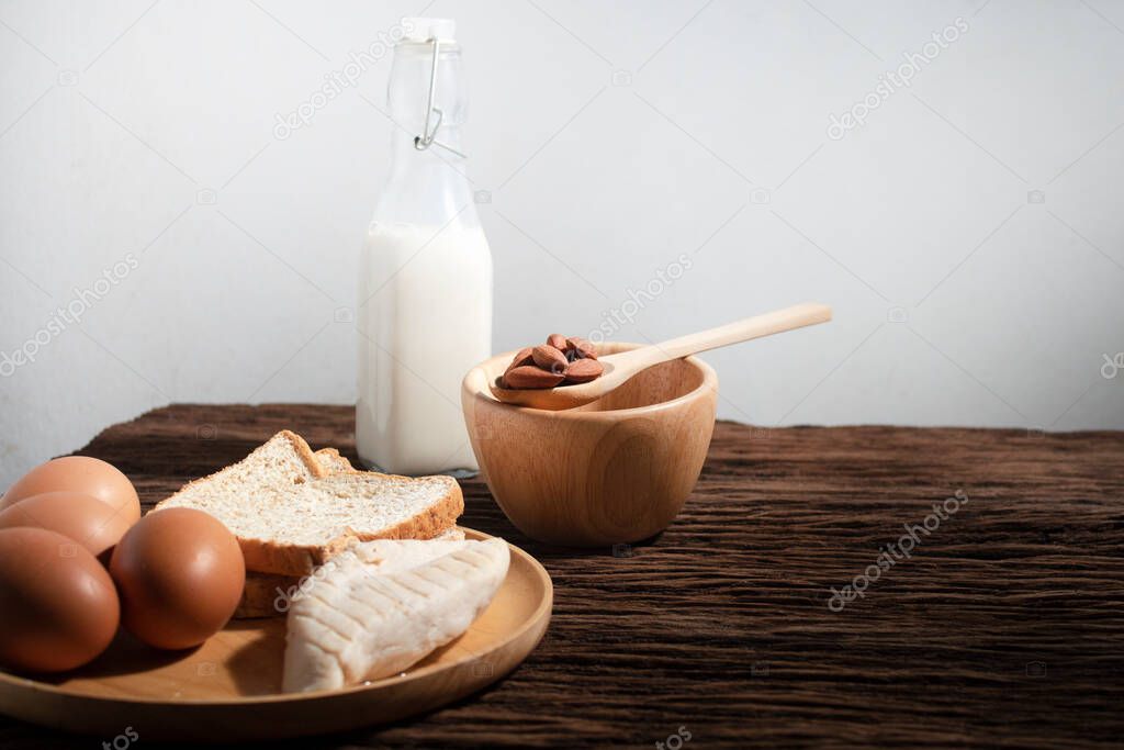 healthy and nutrition of milk and egg and almond, diet food breakfast, ingredients of dinner 