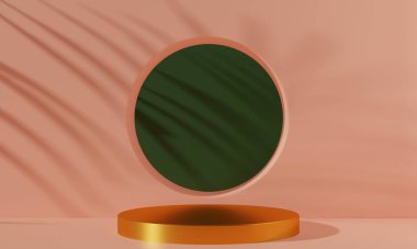 Kozmetik ürünler için altın kaide sahne modeli, malzeme podyumu, tasarım için soyut plaka vitrini, 3D illüstrasyon