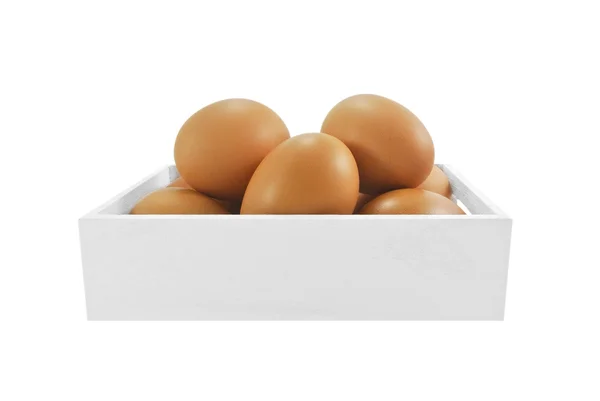 鸡蛋在白色的木盒子 — 图库照片