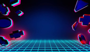 Y2K 2000 'lerin oyun teknolojisinin 3D çizimi fütüristik fantezi metazik siber punk bilim kurgu podyum kaidesi sahne soyut arka planı neon-parıltısı