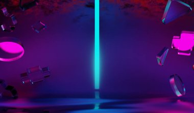 Y2K 2000 'lerin oyun teknolojisinin 3D çizimi fütüristik fantezi metazik siber punk bilim kurgu podyum kaidesi sahne soyut arka planı neon-parıltısı