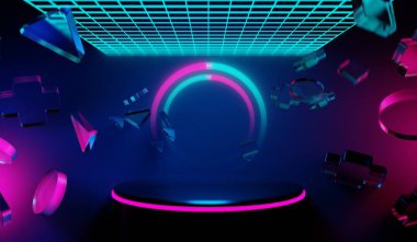 Y2K 2000 'lerin oyun teknolojisinin 3D çizimi fütüristik fantezi metazik siber punk bilim kurgu podyum kaidesi sahne soyut arka planı neon-parıltısı
