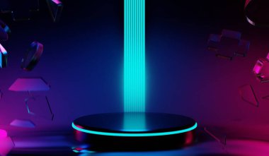 Y2K 2000 'lerin oyun teknolojisinin 3D çizimi fütüristik fantezi metazik siber punk bilim kurgu podyum kaidesi sahne soyut arka planı neon-parıltısı