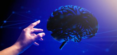 İş adamının eli, yapay zeka beyin sisteminin hologramına dokunuyor.