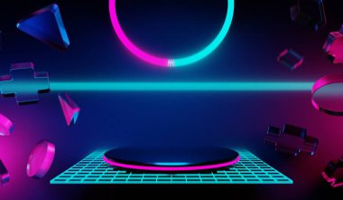 Y2K 2000 'lerin oyun teknolojisinin 3D çizimi fütüristik fantezi metazik siber punk bilim kurgu podyum kaidesi sahne soyut arka planı neon-parıltısı