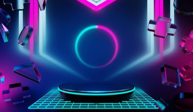 Y2K 2000 'lerin oyun teknolojisinin 3D çizimi fütüristik fantezi metazik siber punk bilim kurgu podyum kaidesi sahne soyut arka planı neon-parıltısı