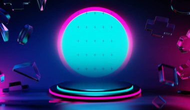 Y2K 2000 'lerin oyun teknolojisinin 3D çizimi fütüristik fantezi metazik siber punk bilim kurgu podyum kaidesi sahne soyut arka planı neon-parıltısı