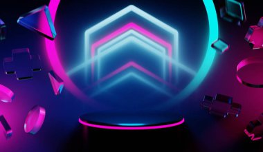 Y2K 2000 'lerin oyun teknolojisinin 3D çizimi fütüristik fantezi metazik siber punk bilim kurgu podyum kaidesi sahne soyut arka planı neon-parıltısı