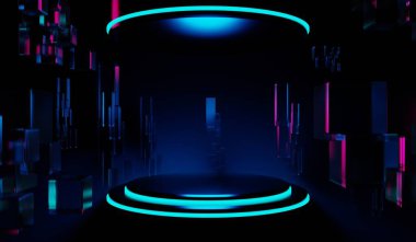 Y2K 2000 'lerin oyun teknolojisinin 3D çizimi fütüristik fantezi metazik siber punk bilim kurgu podyum kaidesi sahne soyut arka planı neon-parıltısı