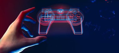 oyun kumandası, oyun kumandası, oyun ve esport teknolojisinin hologramına oyuncu eli değmesi ve etkileşimli