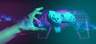 oyun kumandası, oyun kumandası, oyun ve esport teknolojisinin hologramına oyuncu eli değmesi ve etkileşimli