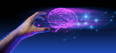 Sanal sistem ağı ve teknolojisi olan bilim kurgu siber punk hud 'a dokunan iş adamının eli