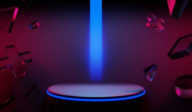 Y2K 2000 'lerin oyun teknolojisinin 3D çizimi fütüristik fantezi metazik siber punk bilim kurgu podyum kaidesi sahne soyut arka planı neon-parıltısı