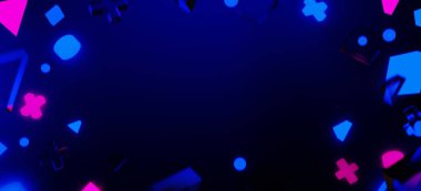 Y2K 2000 'lerin oyun teknolojisinin 3D çizimi fütüristik fantezi metazik siber punk bilim kurgu podyum kaidesi sahne soyut arka planı neon-parıltısı