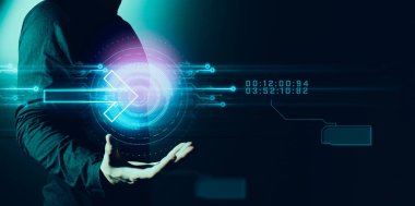 Sanal sistem ağı ve teknolojisi olan bilim kurgu siber punk hud 'a dokunan iş adamının eli